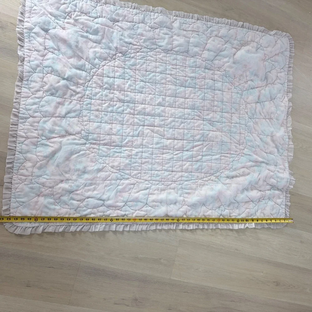 Vintage sheer Quilted Baby Blanket Pastel Floral Hot Air Balloon Ruffle 52x41